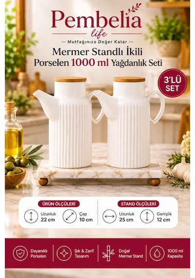 Mermer Standlı Porselen 2 Li 1000 Ml Yağdanlık Set 3 Lü Prizma Yağlık Set Ayçiçek Yağı Zeytinyağı Şişesi Beyaz Beyaz