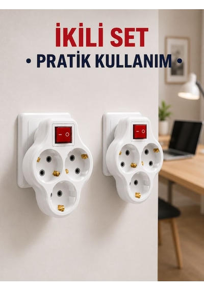 Kablosuz 3 Lü Priz Çoklayıcı Açma Kapama Anahtarlı Duvar Tipi 2 Adet Set