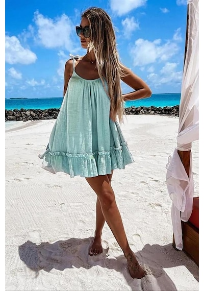 Aqe Fashion Kadın Pileli Spageti Askılı Mint Elbise Mint
