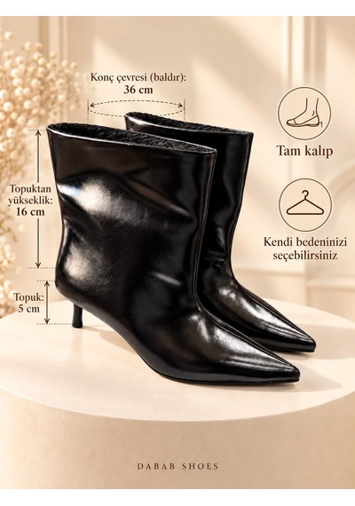 Dabab Shoes Derın Kadın Siyah İçi Kürklü Sivri Burun Ön Dikiş Detaylı 5 Cm İnce Topuklu Orta Konç Bot Bootie