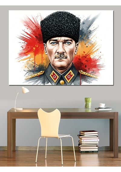Kalpak Başlıklı Mustafa Kemal Atatürk Sulu Boya Portre Dekoratif Kanvas - Mdf Ahşap Tablo