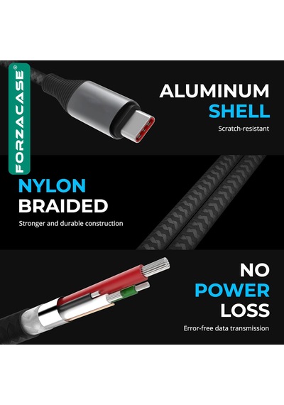 Forzacase FC898 Type -C To Type-C Örgülü Led Ekran 60W Pd Hızlı Şarj Kablosu 1 M