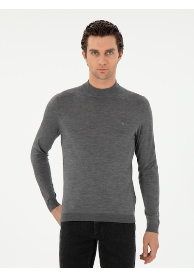 Cacharel Gri Slim Fit Kaşmir İpek Karışımlı Çeyrek Balıkçı Yaka Triko Kazak