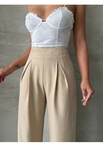 Kazax Pileli Keten Pantolon S255046 Bej