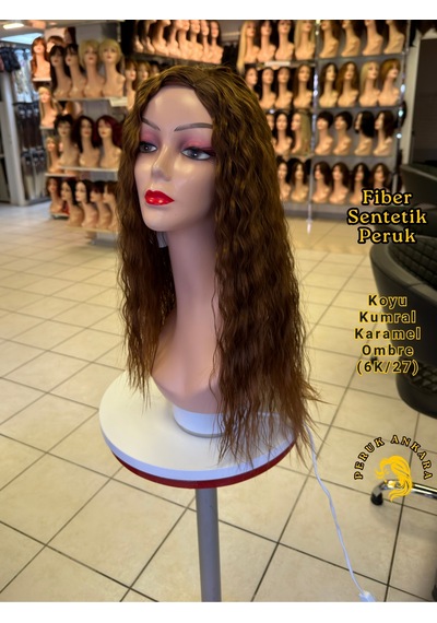 Afro Su Dalgası Peruk Fiber Sentetik Koyu Kumral Karamel Ombre