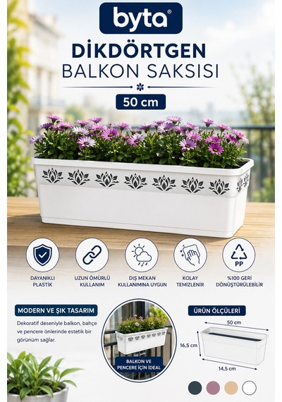 50 Cm Dikdörtgen Balkon Saksısı Dekoratif Plastik Çiçek Ve Bitki Saksısı