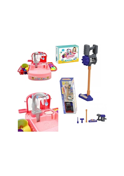 Bulaşık Yıkama Seti - Pilli Su Akıtan Modern Lavabo + Oyuncak Pilli Dikey Süpürge
