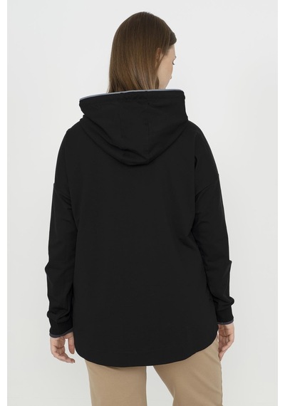 Maraton Sportswear Büyük Beden Kadın Kapşonlu Uzun Kol Basic Siyah Sweatshirt 21169-siyah