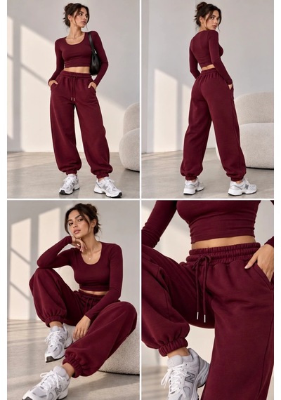 Bbbutikbasic Kadın İçi Polar Şardonlu 3 İplik Kalın Jogger Eşofman Altı My3535 Bordo