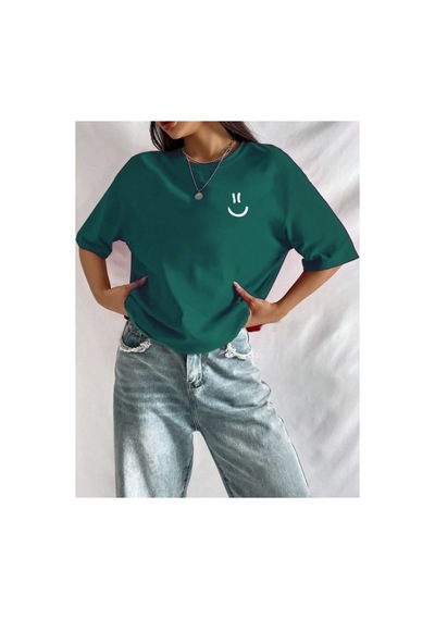 Medinenur Gülen Yüz Baskı Unisex T-shirt Yeşil