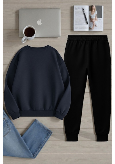Uyguntarz Unisex The Weekend Tasarım Basklı Bisiklet Yaka Sweatshirt - 2'li Eşofman Takımı Lacivert
