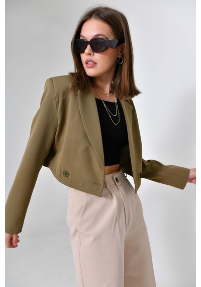 Haki Kruvaze Crop Blazer Ceket Haki