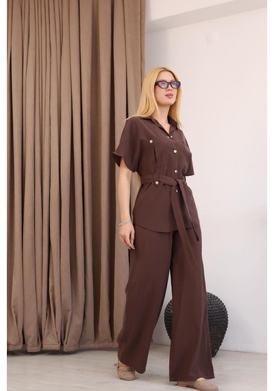 Famoda Taba Kısa Kollu Beli Bağlamalı Tunik Pantolon Takımı