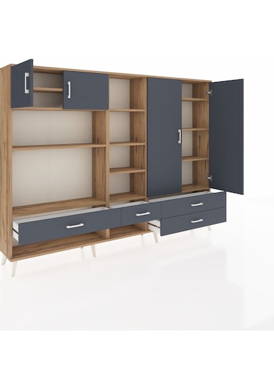 Arges Dolap 12 Raflı 4 Çekmeceli 4 Kapaklı 220x30x163 Çam-antrasi Çam-antrasit