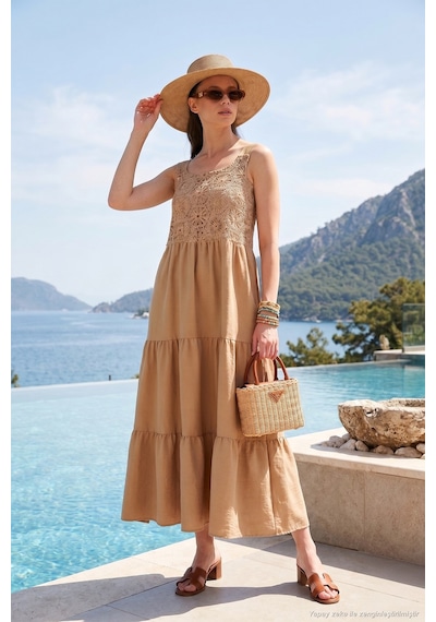 Lela Relaxed Fit Volanlı Uzun Bayan Elbise 611El010 Vizon