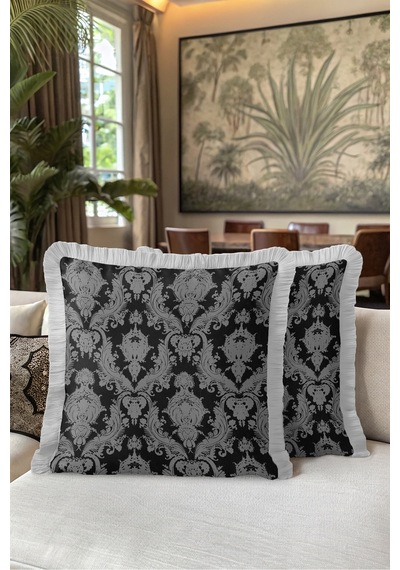 Lüks Damask Barok Desenli Saçaklı Yastık Kılıfı - Zarif Avangart Siyah Gri Püsküllü Kırlent Kılıfı Puslu Kanyon Halo Lüks Damask Barok Desenli Saçaklı Yastık Kılıfı - Zarif Avangart Siyah Gri Püsküllü Kırlent Kılıfı Puslu Kanyon Halo