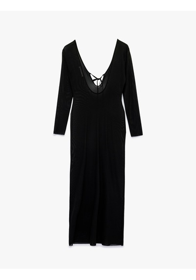 Koton V Yaka Uzun Kollu Slim Fit Tül Plaj Elbisesi Siyah 6sak80029mk
