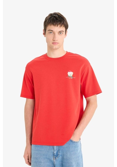 Defacto Boxy Fit Bisiklet Yaka Baskılı Kısa Kollu Tişört F2614ax25wnrd172 Kirmizi