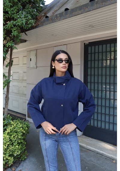 Kechi Woman Gabardin Kumaş Dik Yaka Çıtçıtlı Ceket Lacivert