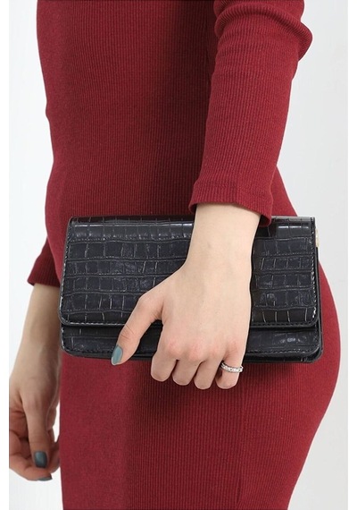Lovelystore Kroko Desenli 3 Gözlü Günlük Kadın Mini El & Omuz Çantası 24x12 Siyah