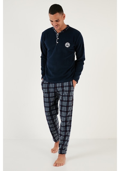 Buratti Ekoseli Regular Fit Düğmeli Bisiklet Yaka Kışlık Polar Erkek Pijama Takımı 60961002 Lacivert
