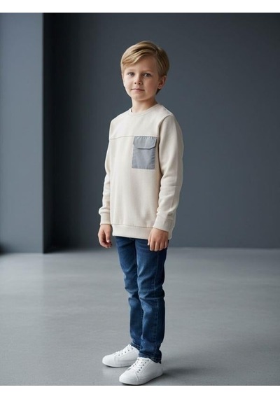 Zekids Erkek Çocuk Cep Detaylı Pamuklu İnce Sweatshirt-16650 Bej