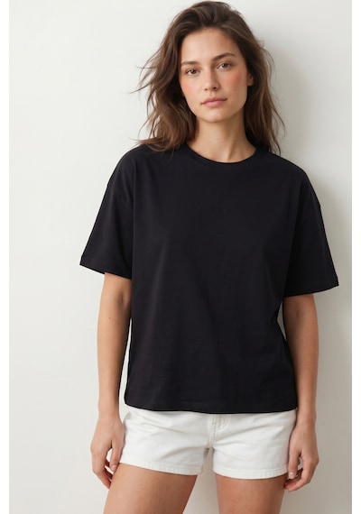 Elemge Pamuk Süprem Tok Kumaş Kadın Boxy Fit Siyah T-shirt Bol Kesim Düşük Omuzlu Bisiklet Yaka Oversize Tişört