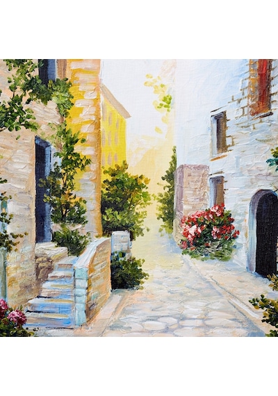 Taş Evler Ve Çiçekli Yol Yağlıboya Kanvas Tablo 50 X 70