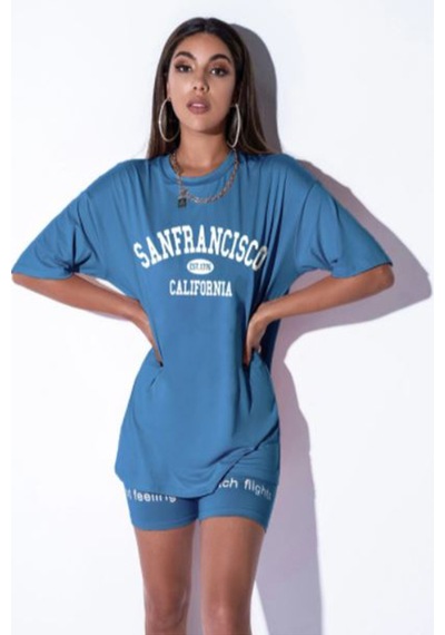 Flood Of Style Kadın Indigo Mavi Oversize Sanfrancisco Est.1776 T-shirt
