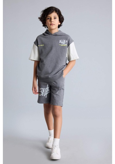 Defacto Oversıze Slogan Baskılı Sweatshirt Kumaşı Şort Erkek Çocuk G9729a826smgr452 Gri-gr452