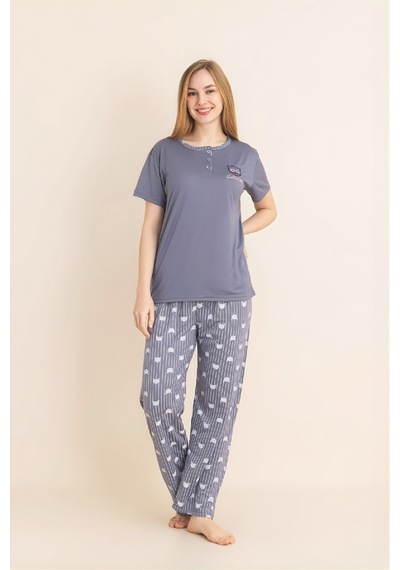 Enisena Kadın Pijama Takımı-menekşe Kumaş-3 Düğmeli-yaka Baskılı-12606sf gri Enisena Kadın Pijama Takımı-menekşe Kumaş-3 Düğmeli-yaka Baskılı-12606sf gri