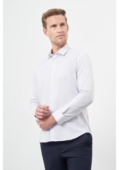 İmza Beyaz Uzun Kol Çizgili Desen Gabardin Sert Yaka Cepsiz Pamuklu Classic Slim Fit Gömlek 1004245205 Duman Beyaz