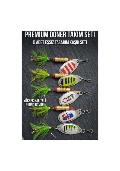 Metal Parıltılı Pullu Döner Kaşık Balık Avı Yem Set - 5 Parça Puskullu B