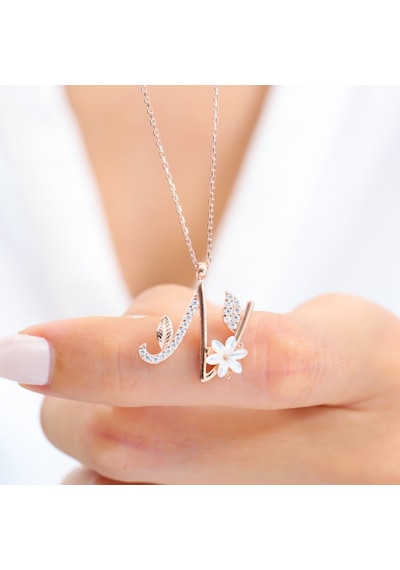 Işıltılı Manolya Çiçeği N Harfi Rose Renk Gümüş Harfli Kolye