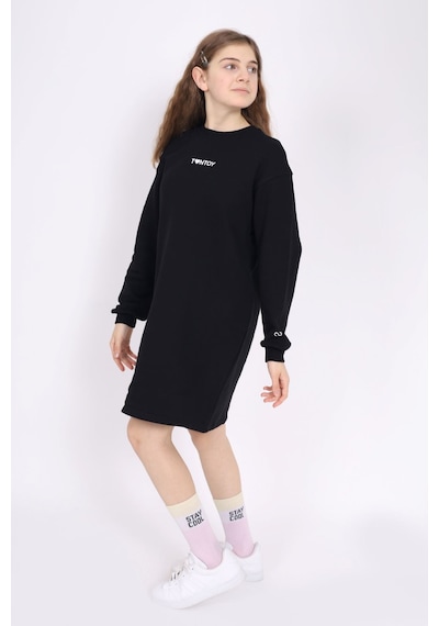 Toontoy Kız Çocuk Baskılı Oversize Bisiklet Yaka Uzun Kollu Elbise - Siyah