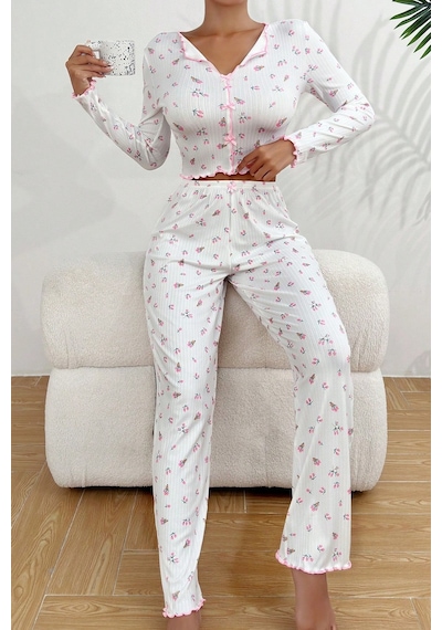 Merry See Baskılı Özel Kumaş Pijama Takımı Beyaz