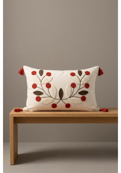 Tomurcuk Botanik Dal Ve Yaprak Motifli Punch Nakışlı Püsküllü Pamuk Kırlent Kılıfı 35x55 Cm Kiremit