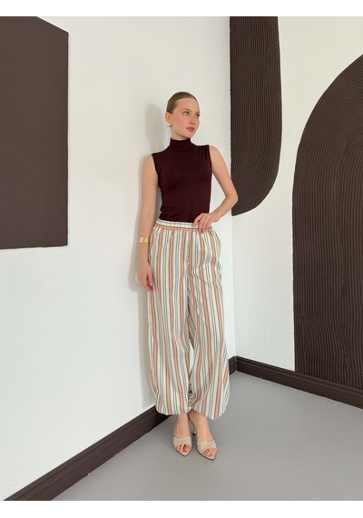Verymoda Çizgili Salaş Pantolon D3094 Pudra
