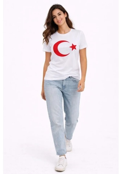 Vexor T-shirt Kısa Kol Bisiklet Yaka Ay Yıldız Bayrak Baskılı Tişört - Beyaz