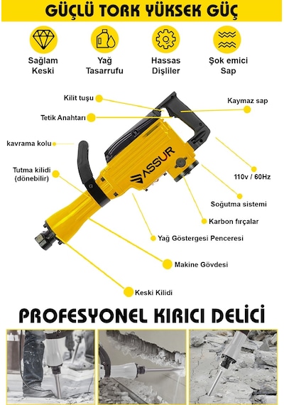 Assur ASR514 1800 W 16 KG Darbeli Kırıcı Delici Hilti Sarı