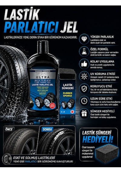 Lastik Parlatıcı Jel 500 Ml + Lastik Süngeri Hediyeli Uv Korumalı Uzun Süre Kalıcı Lastik Bakım Jeli