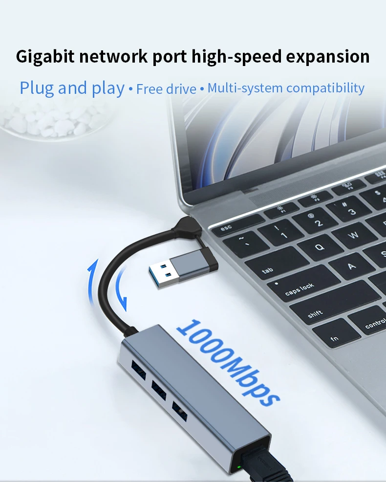 Usb Type C/usb A 4 Ü 1 Arada Hub Rj45 Ethernet Lan + 3x Usb 3.0 Port 5gbps Çoklayıcı Adaptör