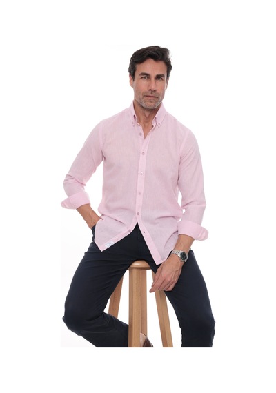 Slim Fit Uzun Kol Yaka Düğmeli Nefes Alan Keten Hediye Kutulu Erkek Gömlek Fs-004548 - Pembe-3234