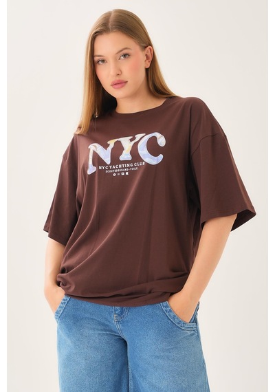Alexandergardi Geniş Kalıp Bisiklet Yaka Baskılı Kısa Kollu T-shirt Kahverengi