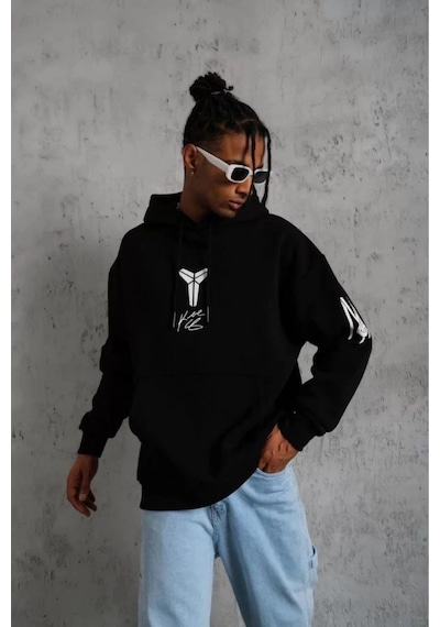Erkek 3 İplik Pamuklu Kapüşonlu Kanguru Cepli Baskılı Oversize Hoodie Sweatshirt - Siyah Siyah