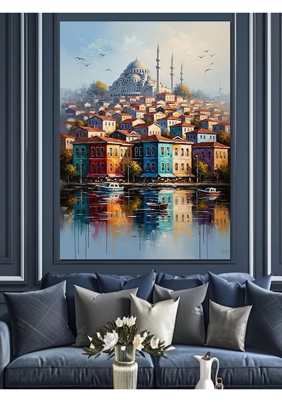 Ahşap Tablo Deniz Kenarında Renkli Şehir Evleri