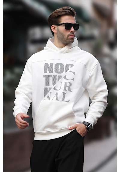 Madmext Ekru Baskılı Kapüşonlu Cep Detaylı Erkek Sweatshirt 7062 Ekru