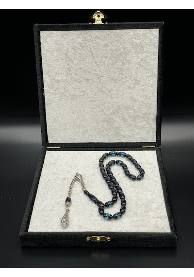 Onurlu Tesbihane Çift Renk Beyrut Tesbih Mavi 6,5x11 Mm Kapsül Kesim Erkek Tesbihi Gümüş