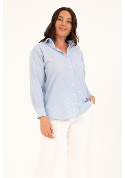 Myline Çizgili Oversize Kadın Gömlek - Mavi