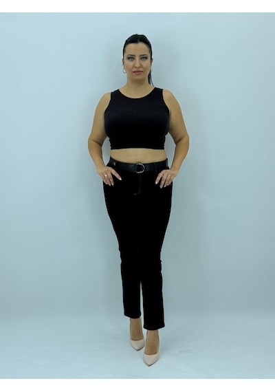 Büyük Beden Toparlayıcı Yüksek Bel Kemerli Dar Paça Denim Örme Kumaş Kadın Pantolon Siyah